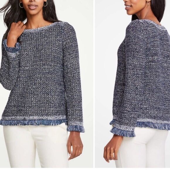 Ann Taylor Navy Blue Metallic Silver Sequin Boat Neck Fringed Knit Sweater - Picture 4 of 16